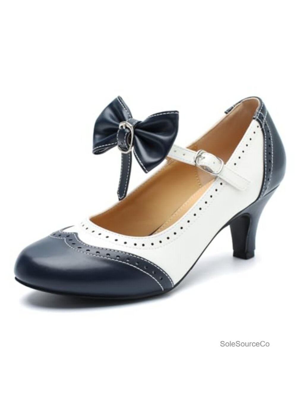 Women's Mary Jane Kitten Heel Pumps Two Tone Bow Round Toe Dress Shoes